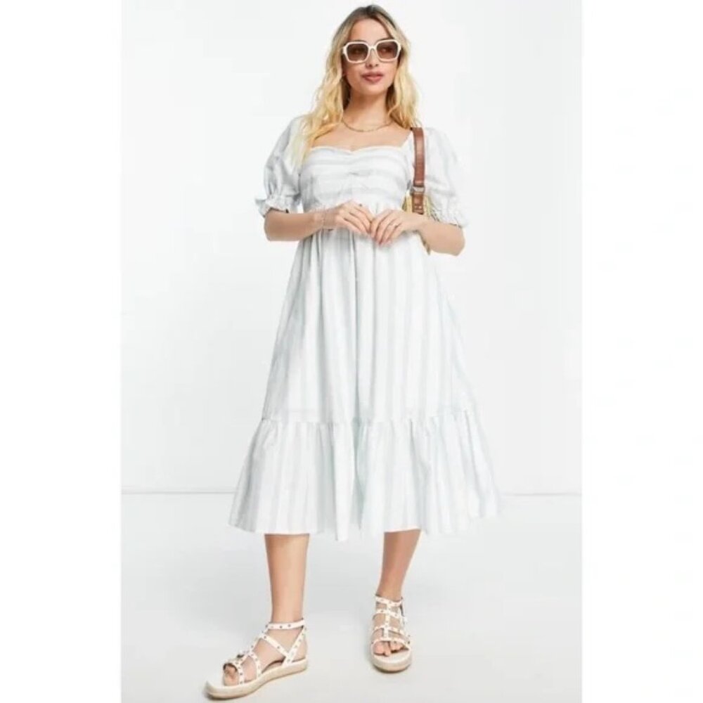 Abercrombie & Fitch White and Light Blue Striped Midi Dress